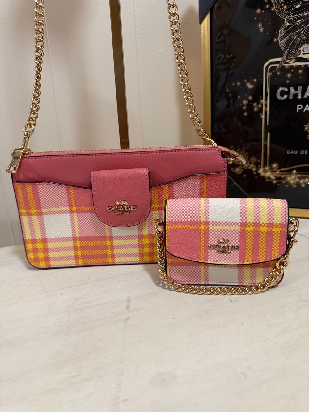 Coach Poppy Pink and Yellow Plaid Crossbody Bag with Gold Chain
